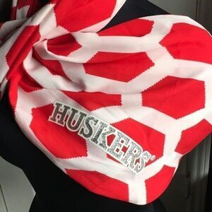 Huskers Game-day Couture Scarf White with Silver glitter letters.